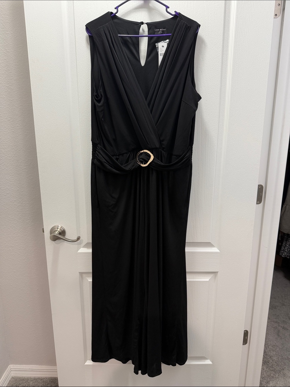 Lane Bryant Black Sleeveless Faux-Wrap Maxi Dress with Gold Ring Detail